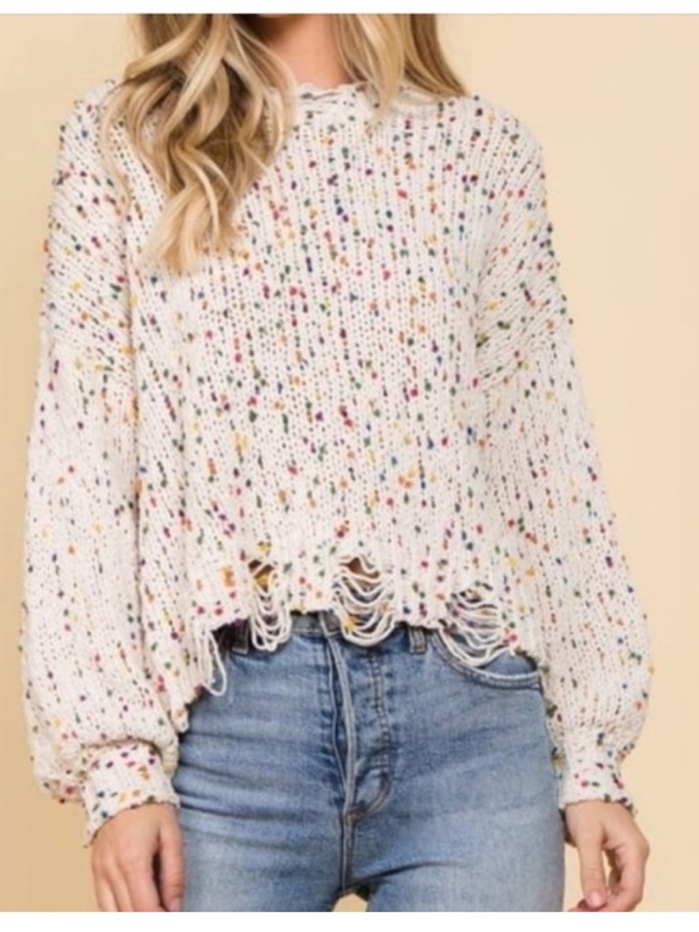POL Distressed White Confetti Chunky Knit Sweater Medium